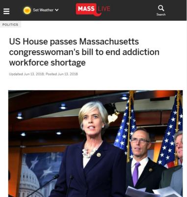 A screenshot of a MassLive story about Congresswoman Clark's bill that was passed which would help increase addiction support workers.