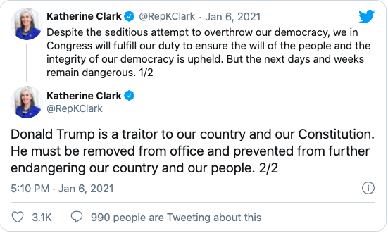 Despite the seditious attempt to overthrow our democracy, we in Congress will fulfill our duty to ensure the will of the people and the integrity of our democracy is upheld. But the next days and weeks remain dangerous. 1/2; Donald Trump is a traitor to our country and our Constitution. He must be removed from office and prevented from further endangering our country and our people. 2/2