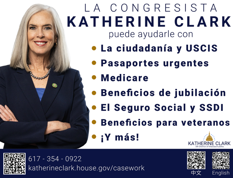 A graphic that says in Spanish different services that the Office of Congresswoman Katherine Clark offers.