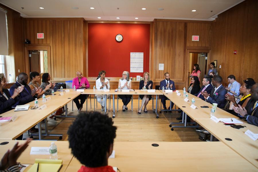 Rep. Clark sits on a panel on Black business needs in Cambridge. Sitting next to Rep. Clark were Rep. Lori Trahan, Rep. Ayanna Pressley, and the Chair of the Council of Economic Advisers Cecilia Rouse.